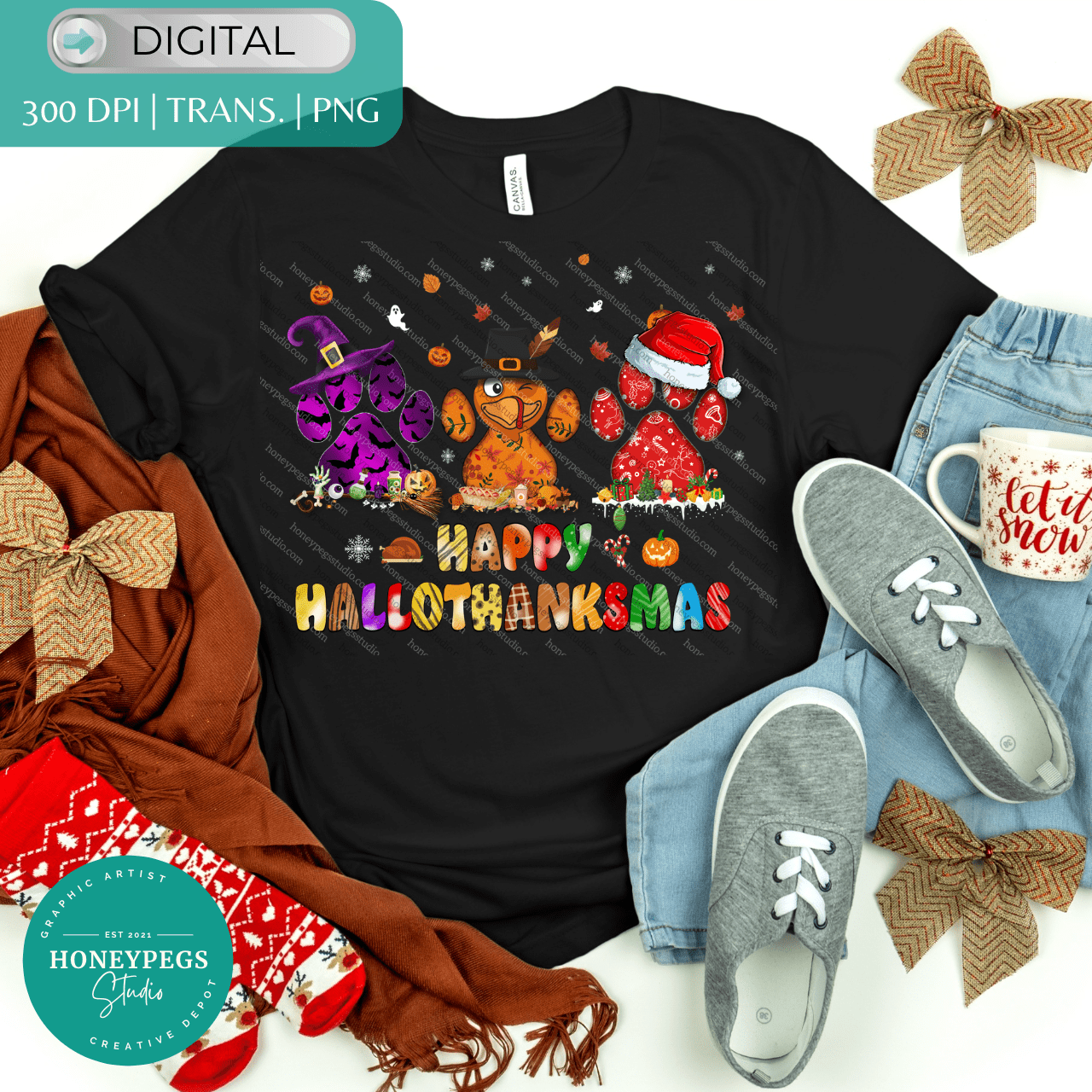 happy hallowthanksmas png sublimation print image honepegs studio graphic artist paw print thanksgiving turkey dog Halloween paw print bats sublimation Christmas doglover mom dog paw print Christmas snowflake snow santa hat paw print sublimation png